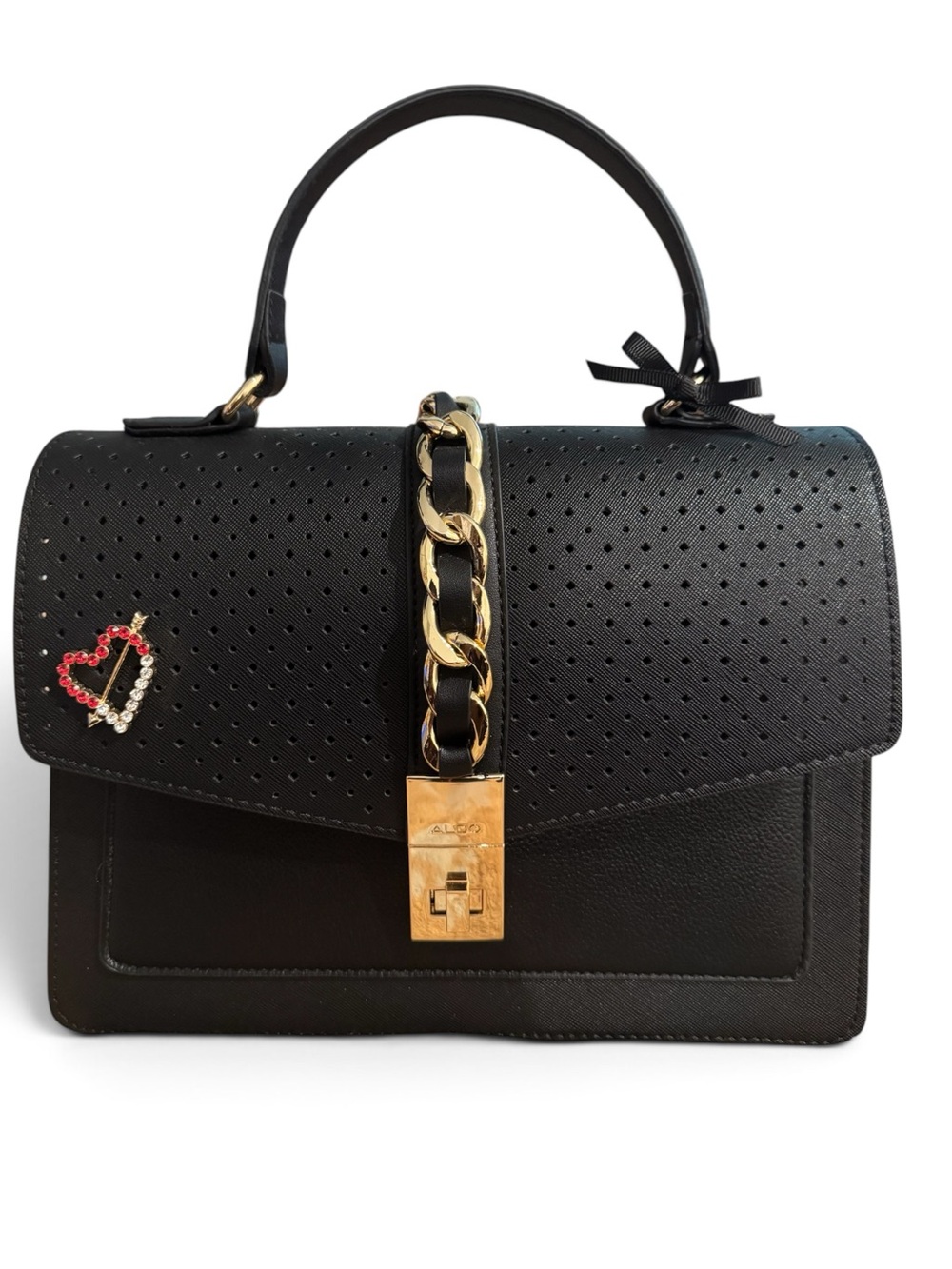 Aldo Black Perforated Top-Handle Crossbody with Gold Tone Chain Strap Hooks - Picture 3 of 8